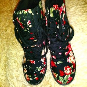 Floral fabric lace up booties